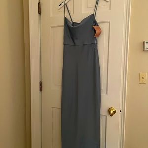 BHLDN Cali Satin Cowl-Neck Midi Slip Dress - dusty blue, size 2, NEVER WORN